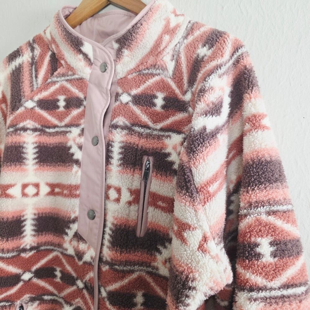 Olive & Leaf Aztec Pink Cream Sherpa Fleece Teddy Jacket Large Boho Western Coat - Picture 5 of 9